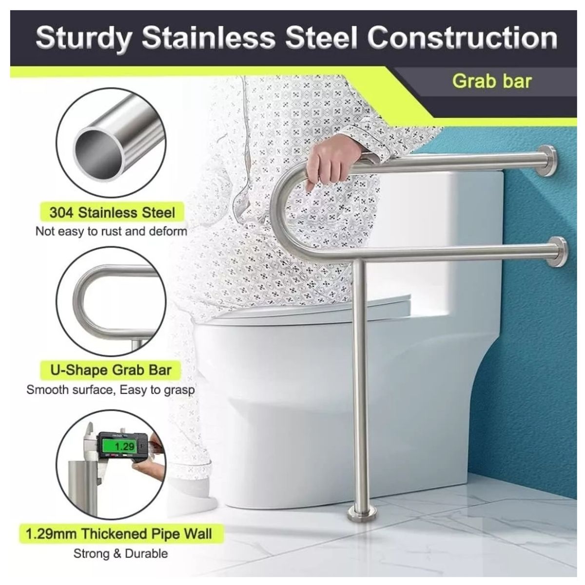 KUANGYE - Barra De Seguridad Muro Y Piso Para Discapacitados Acero Inoxidable