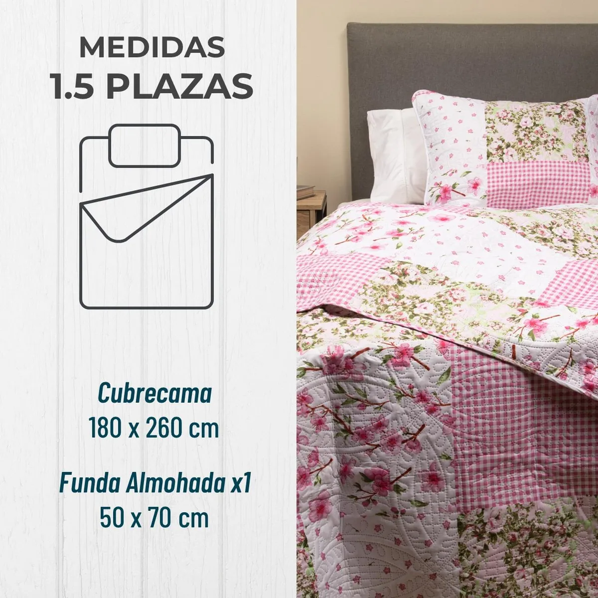 CASATUA - Cubrecama Cobertor 1,5 Plaza Quilt Estampado Reversible - Rosa