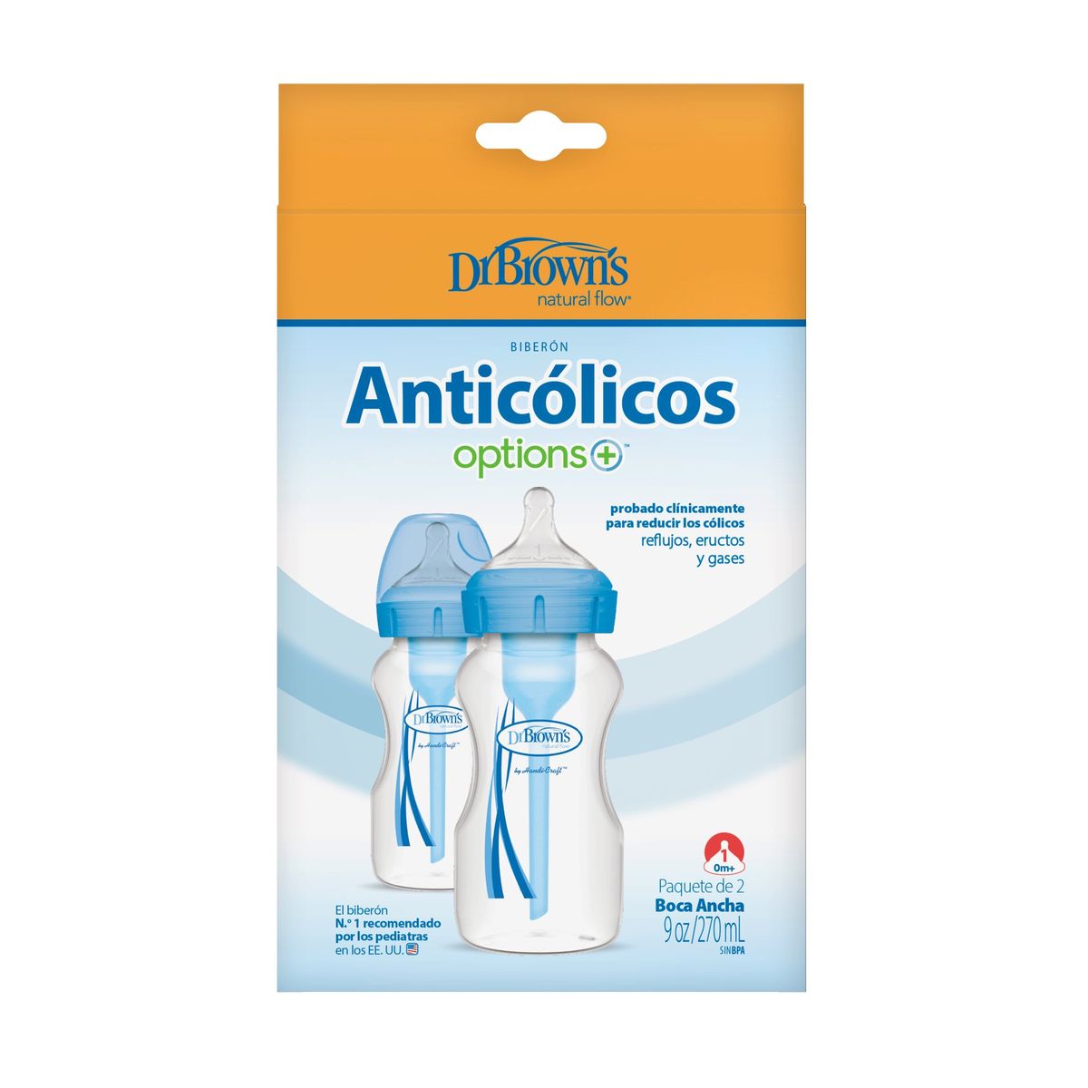 DR BROWNS - Pack 2 Mamaderas Boca Ancha Options+ 270ml Dr. Brown´s Azul