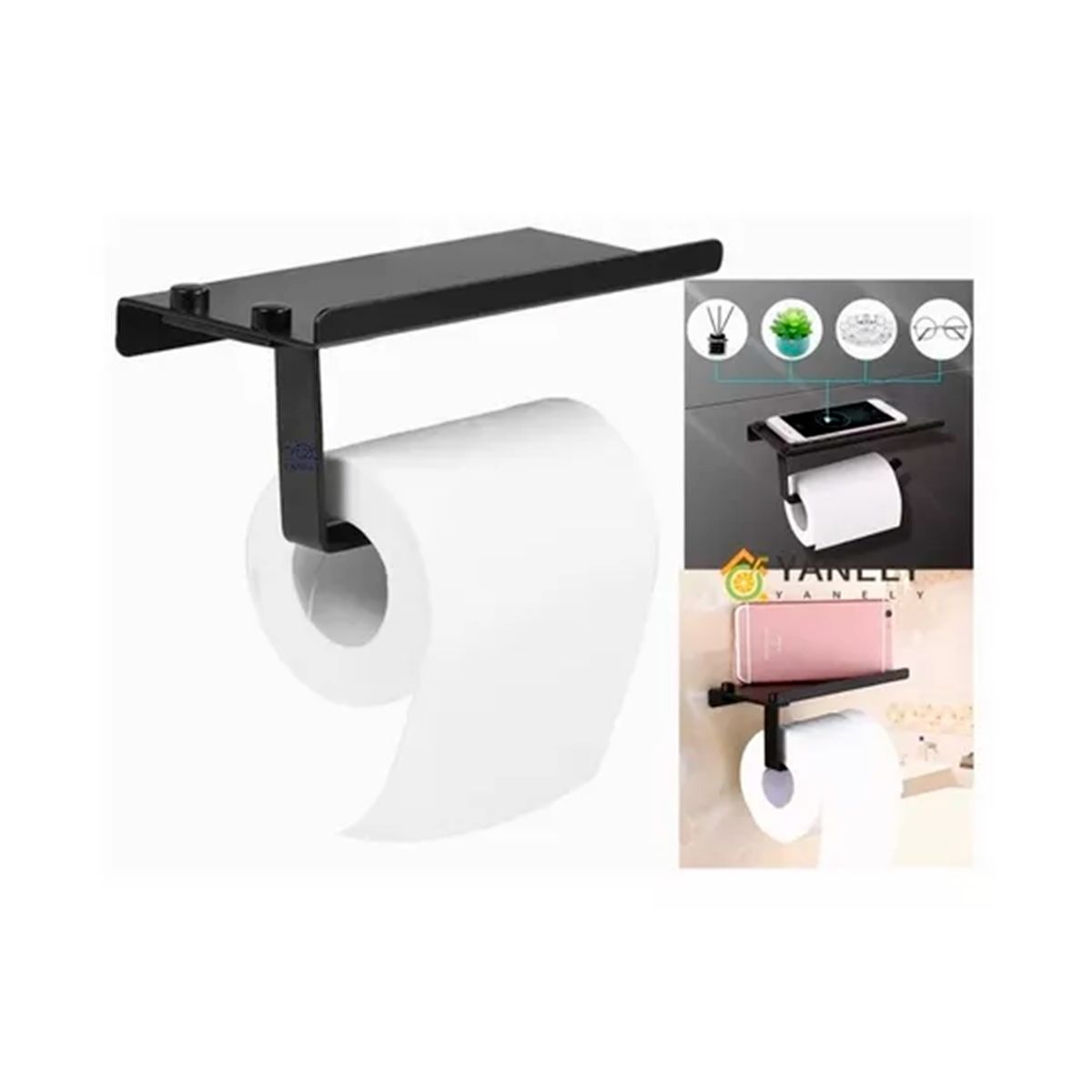 GENERICO - Porta Papel Higiénico Negro Con Estante Negro