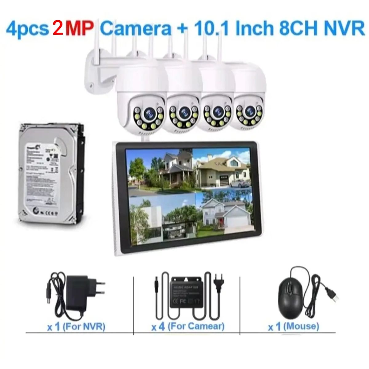 ARTIHOGAR - Kit Cctv 4 Cámaras  2 MP  IP c/ Pantalla LCD 10" +Disco Duro 1 Terabyte  Full HD