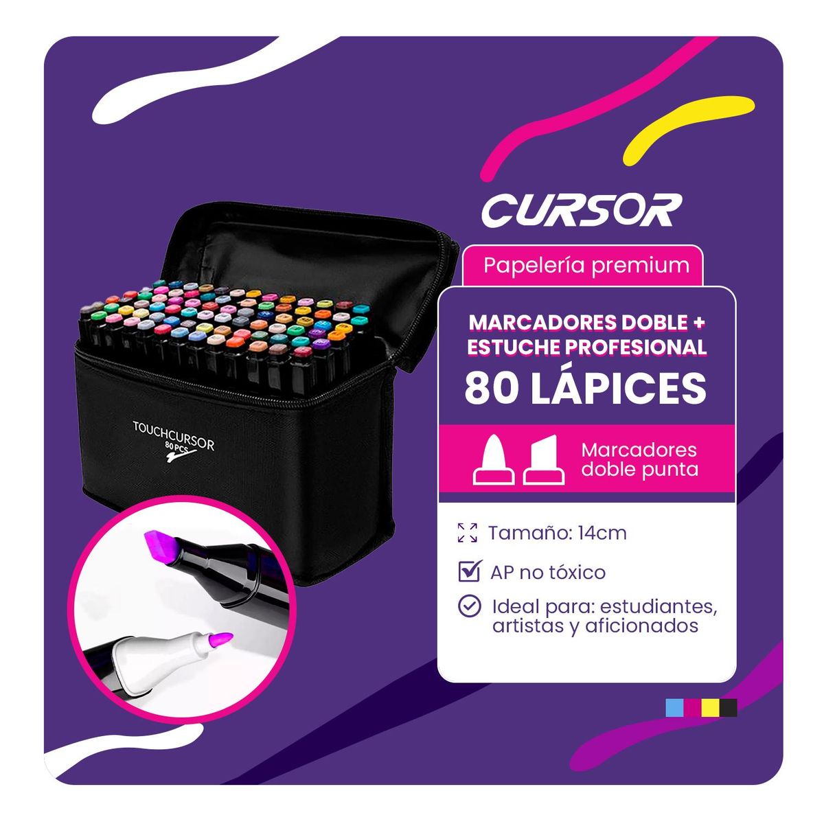 GENERICO - 80 MARCADORES DOBLE PUNTA + ESTUCHE PROFESIONAL