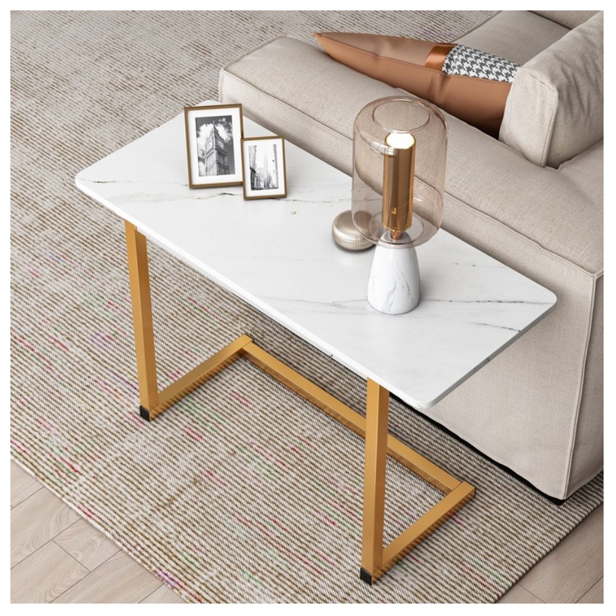 HOMER DESIGN - Mesa De Centro Rectangulo De Fierro Living Vanguardia blanco dorado