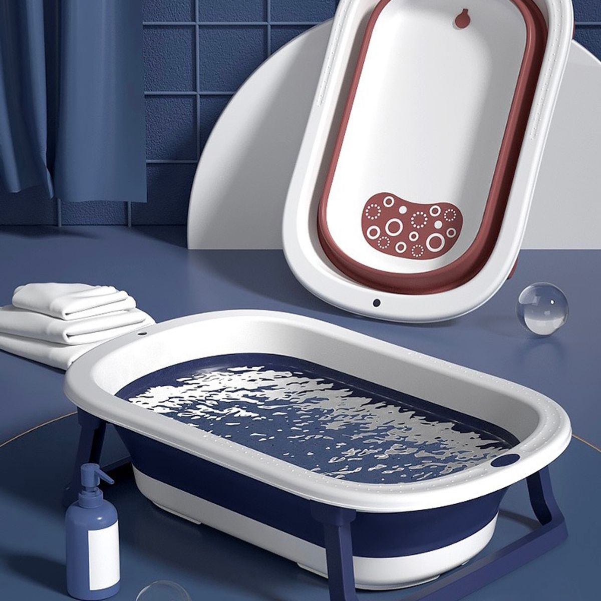 BJ HOGAR - Tina Bañera Plegable Para Bebe Azul Oscuro con Malla