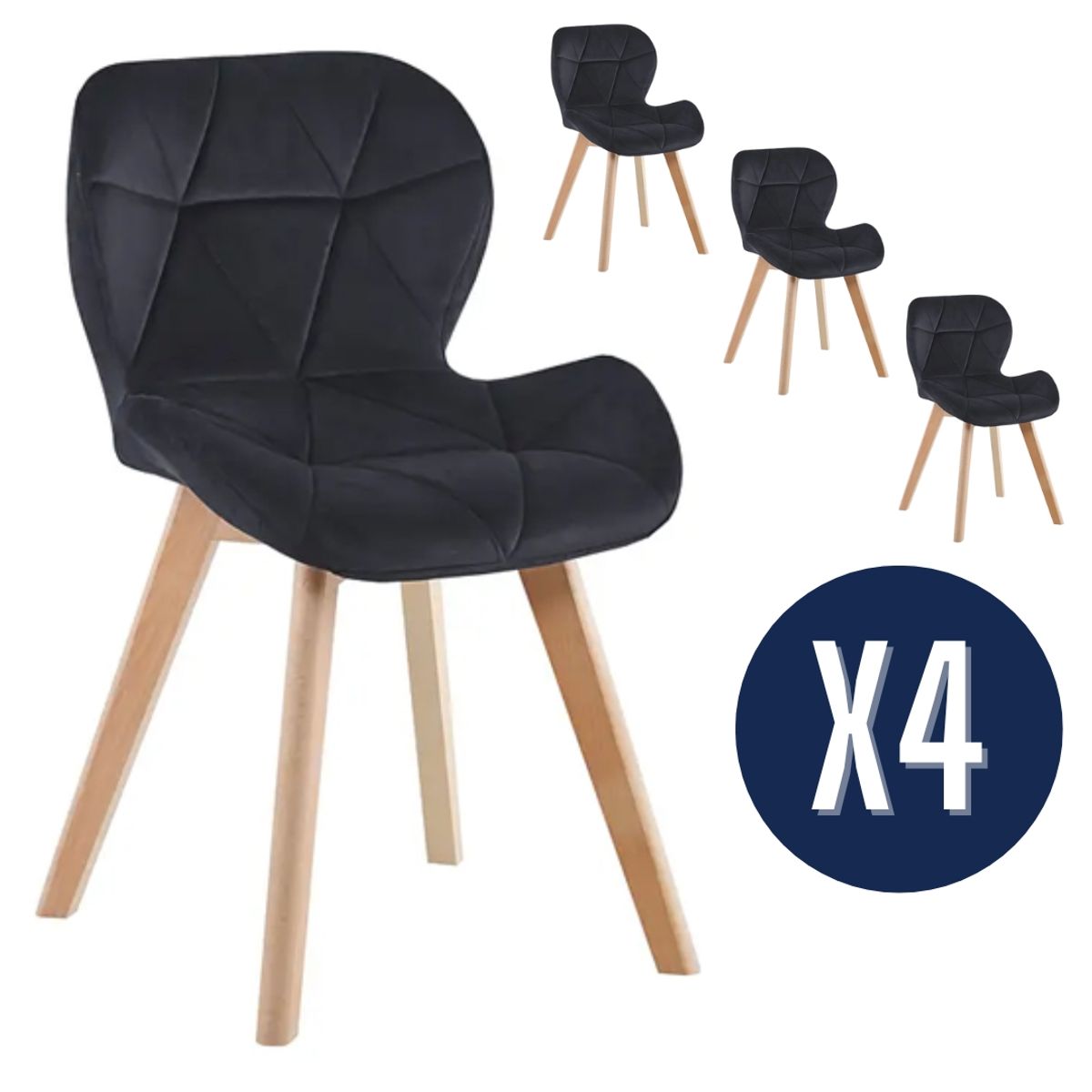 GENERICO - Set de 4 Sillas de Comedor Negras Terciopelo Felpa