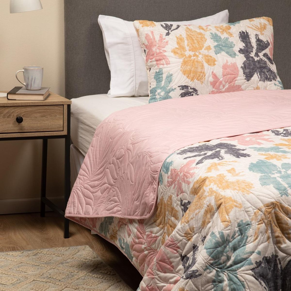 CASATUA - Cubrecama Cobertor 1,5 Plaza Quilt Estampado Reversible - Rosa claro