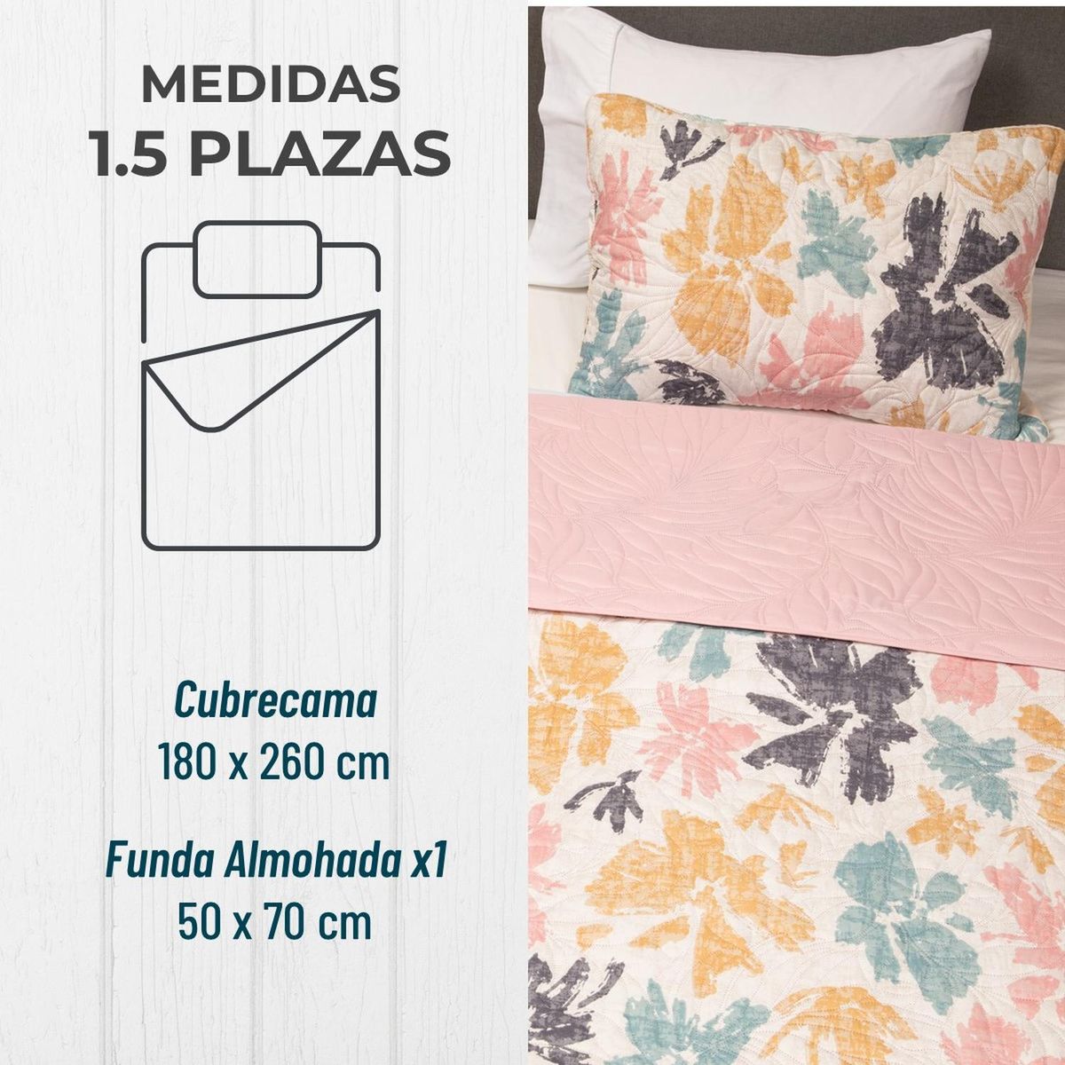CASATUA - Cubrecama Cobertor 1,5 Plaza Quilt Estampado Reversible - Rosa claro