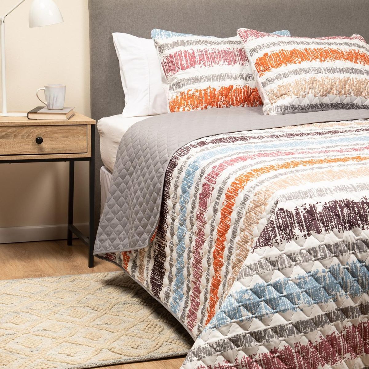 CASATUA - Cubrecama Cobertor Quilt Reversible+fundas Almohada 2 Plazas - Gris