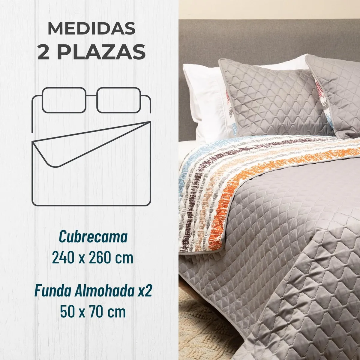 CASATUA - Cubrecama Cobertor Quilt Reversible+fundas Almohada 2 Plazas - Gris