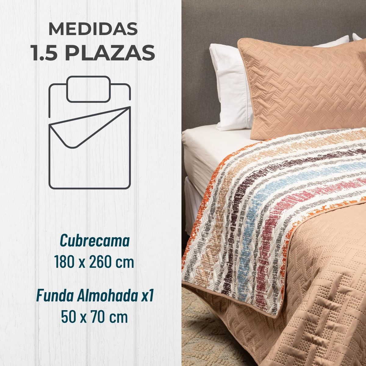 CASATUA - Cubrecama Cobertor Quilt Reversible+funda Almohada 1,5 Plaza - Beige