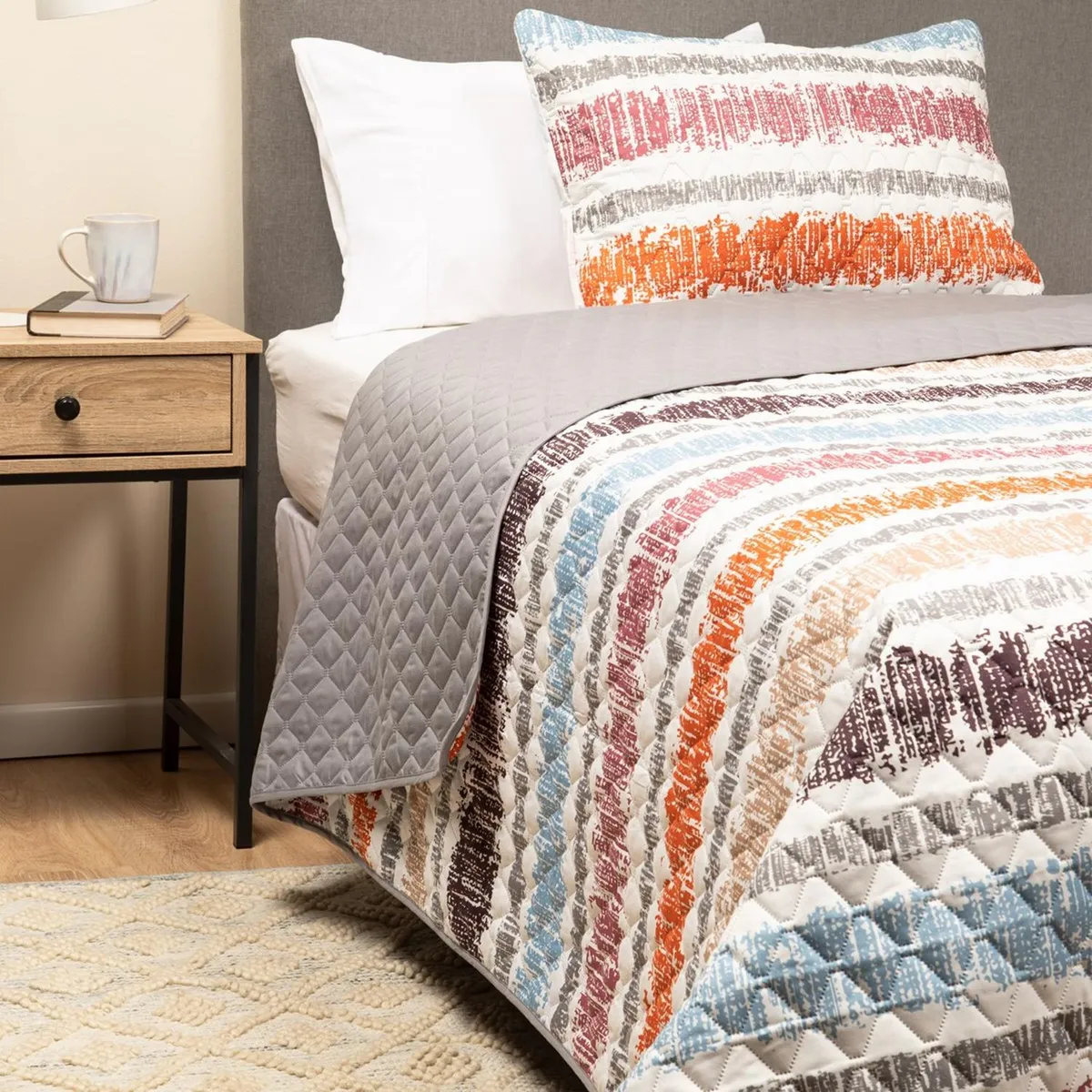 CASATUA - Cubrecama Cobertor Quilt Reversible+funda Almohada 1,5 Plaza - Gris