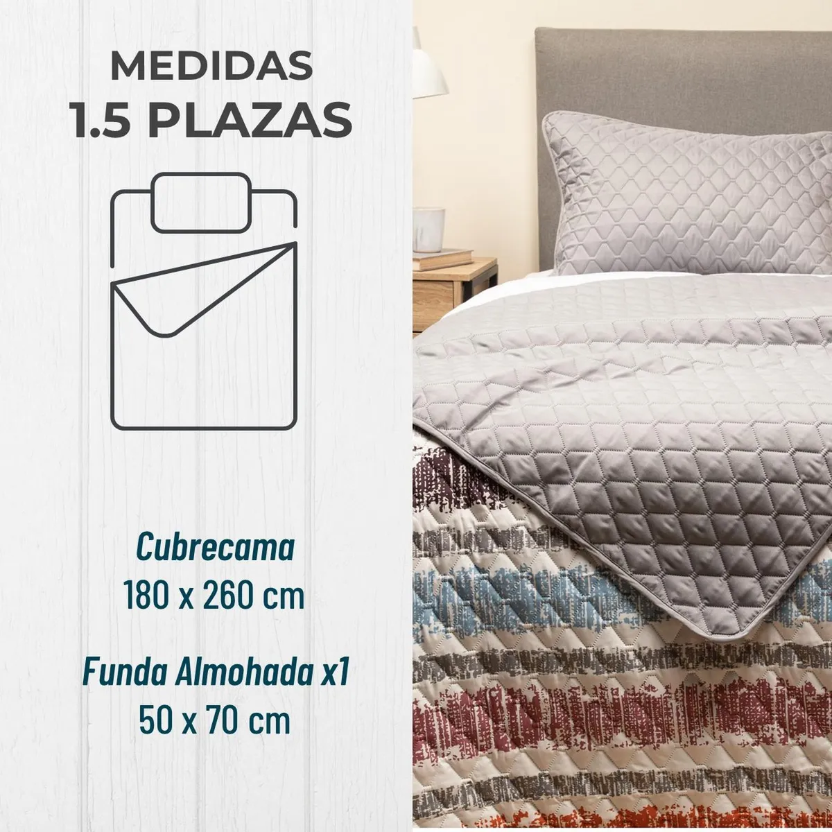 CASATUA - Cubrecama Cobertor Quilt Reversible+funda Almohada 1,5 Plaza - Gris