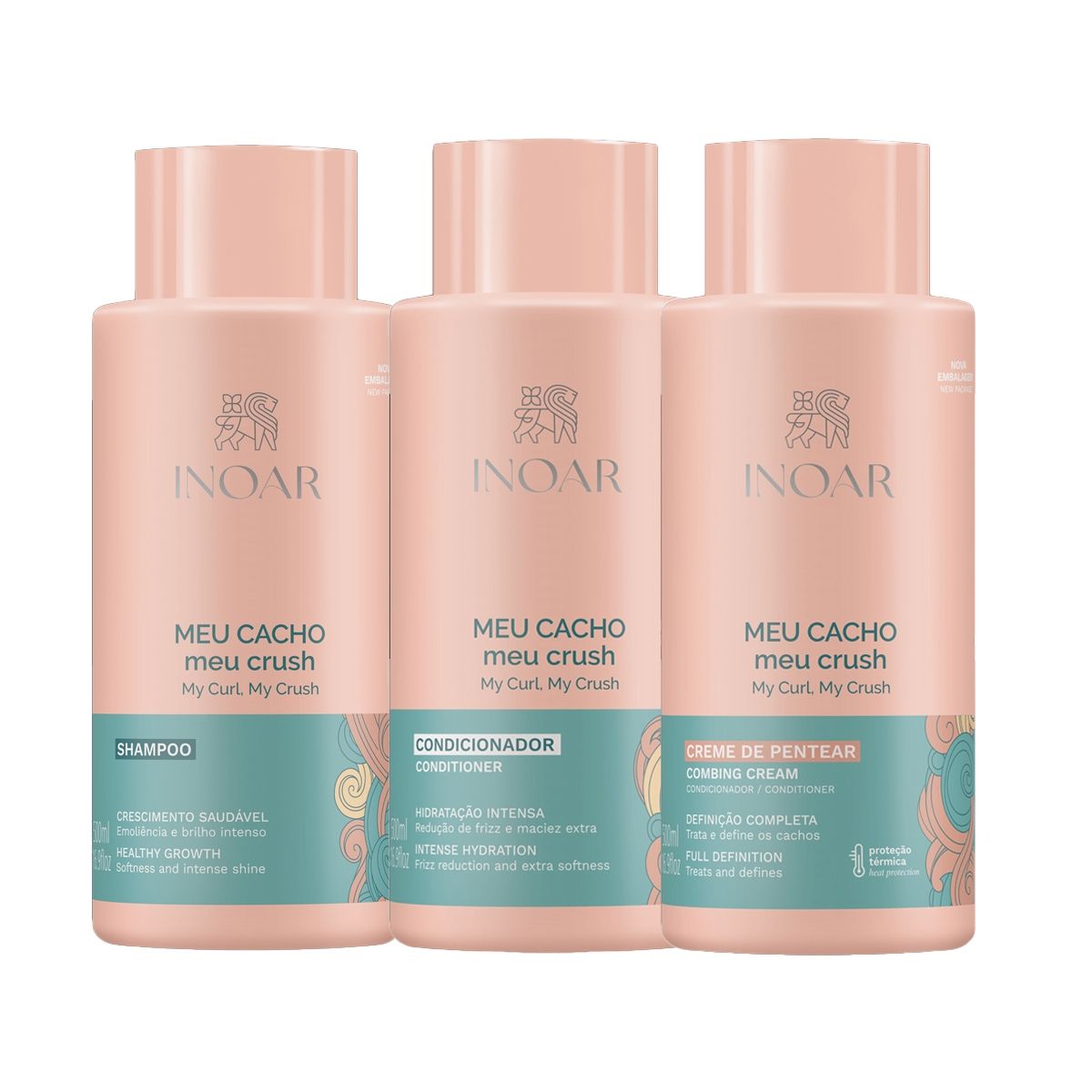 INOAR - Shampoo , Acondicionador y Crema de Peinar Meu Cacho 500 ml c/u Pack
