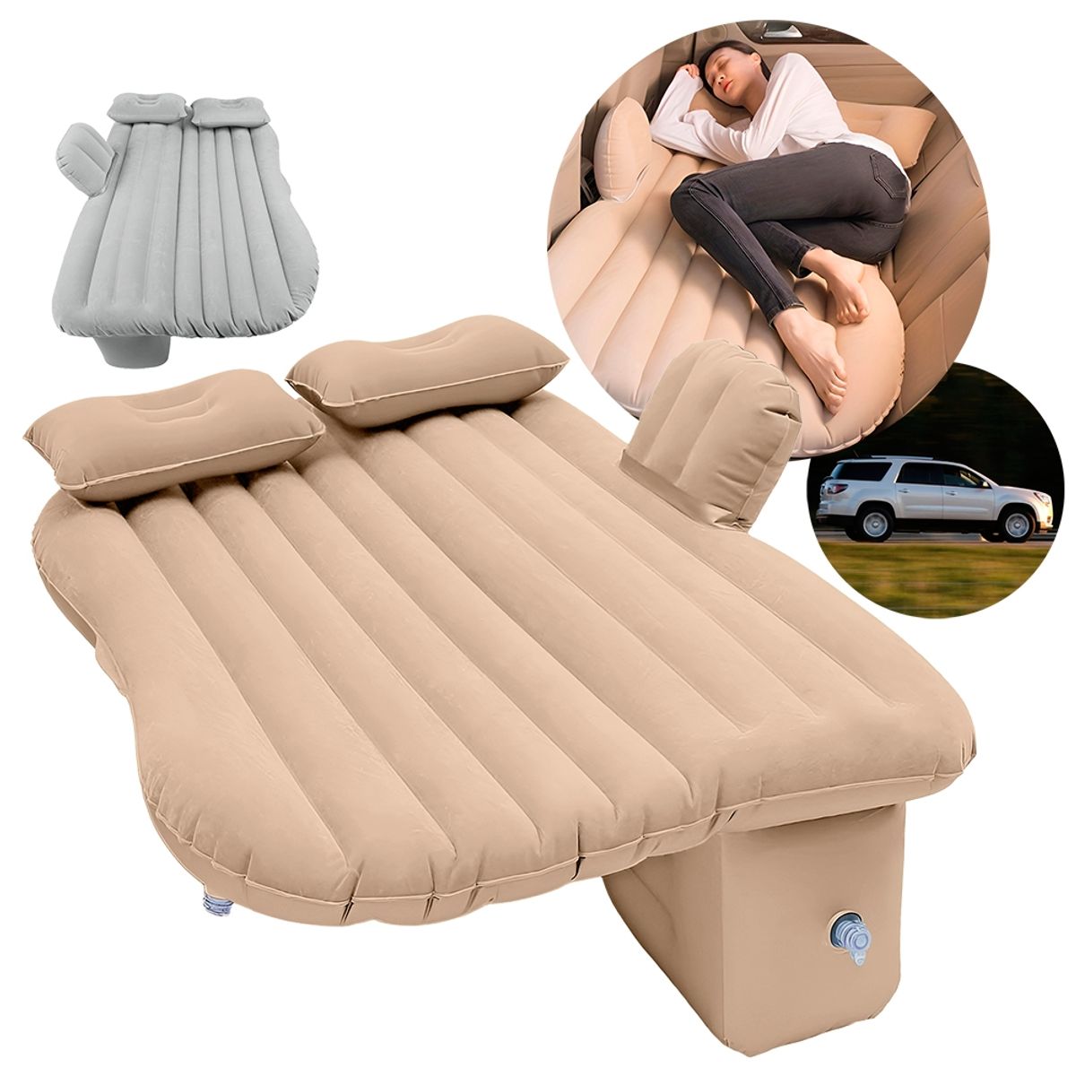 GENERICO - Colchón Inflable Con 2 Almohadas Para Vehículo Color Beige.