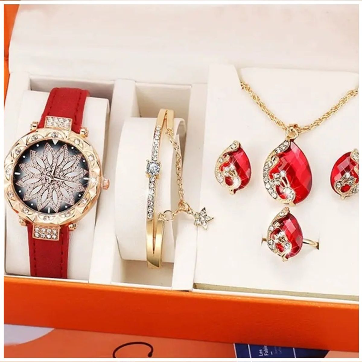 GENERICO - Set de lujo para Mujeres con Reloj Colgante Aros Anillo y Pulsera