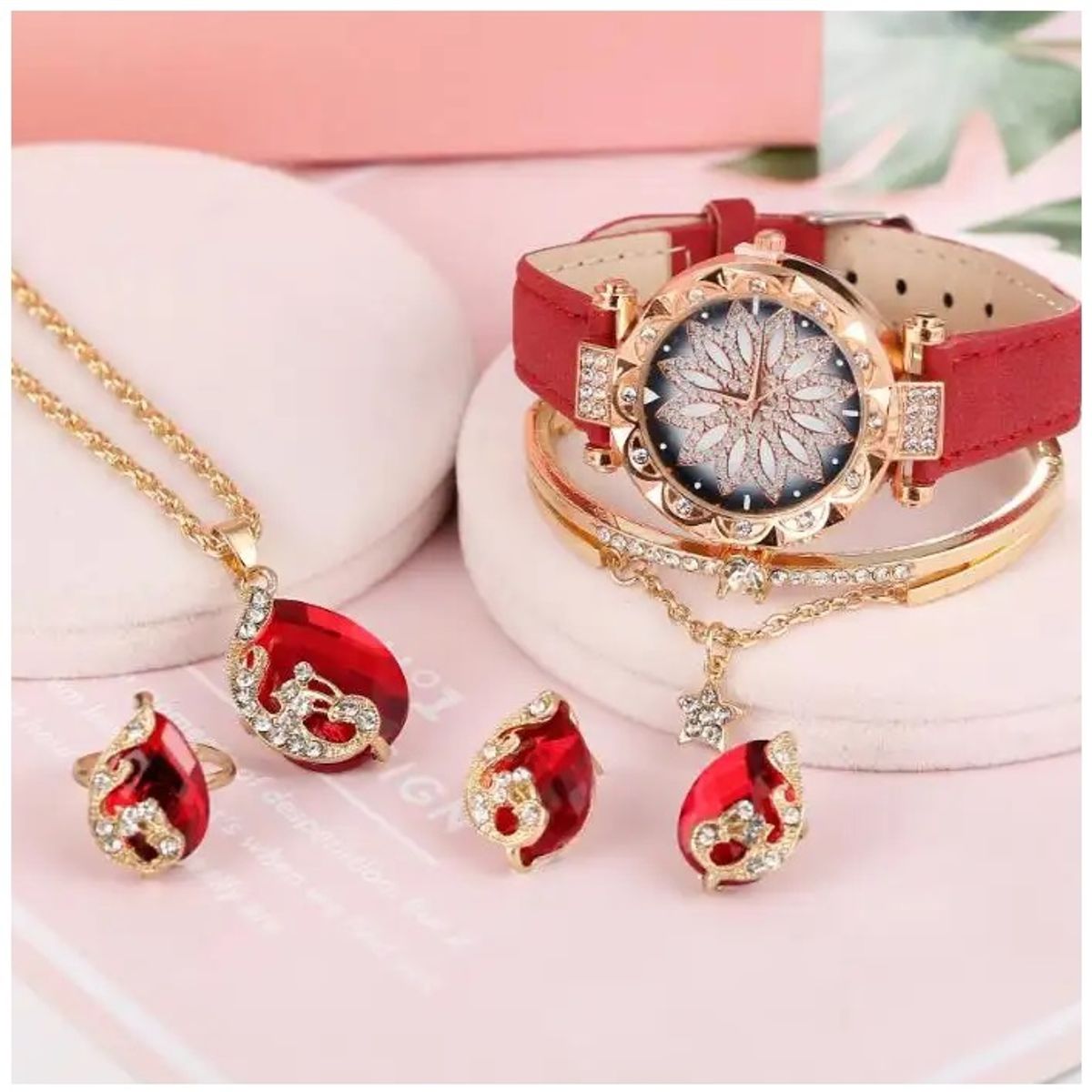 GENERICO - Set de lujo para Mujeres con Reloj Colgante Aros Anillo y Pulsera