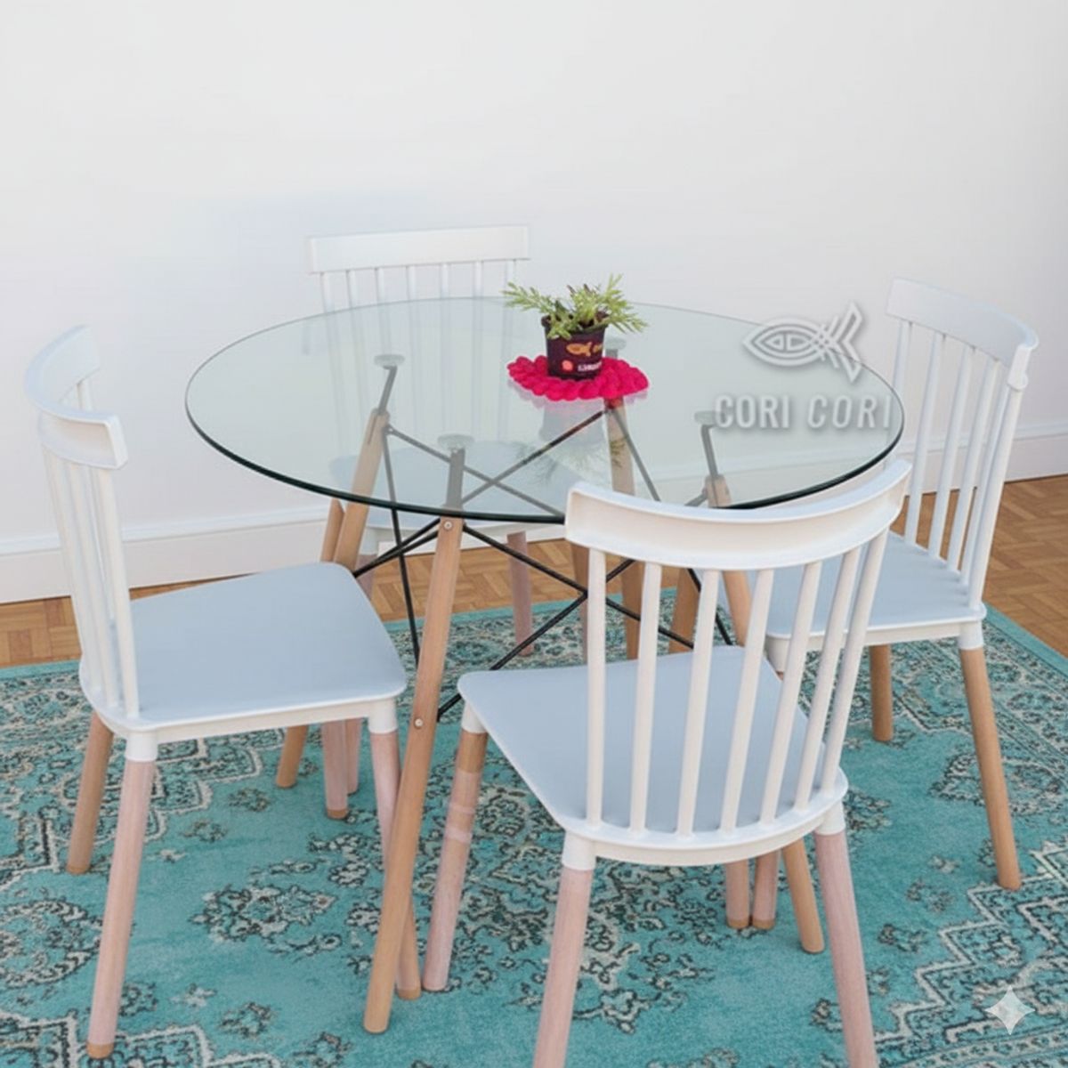 CORI CORI - Comedor Mesa Eames Vidrio 100 cm + 4 Sillas Windsor blancas