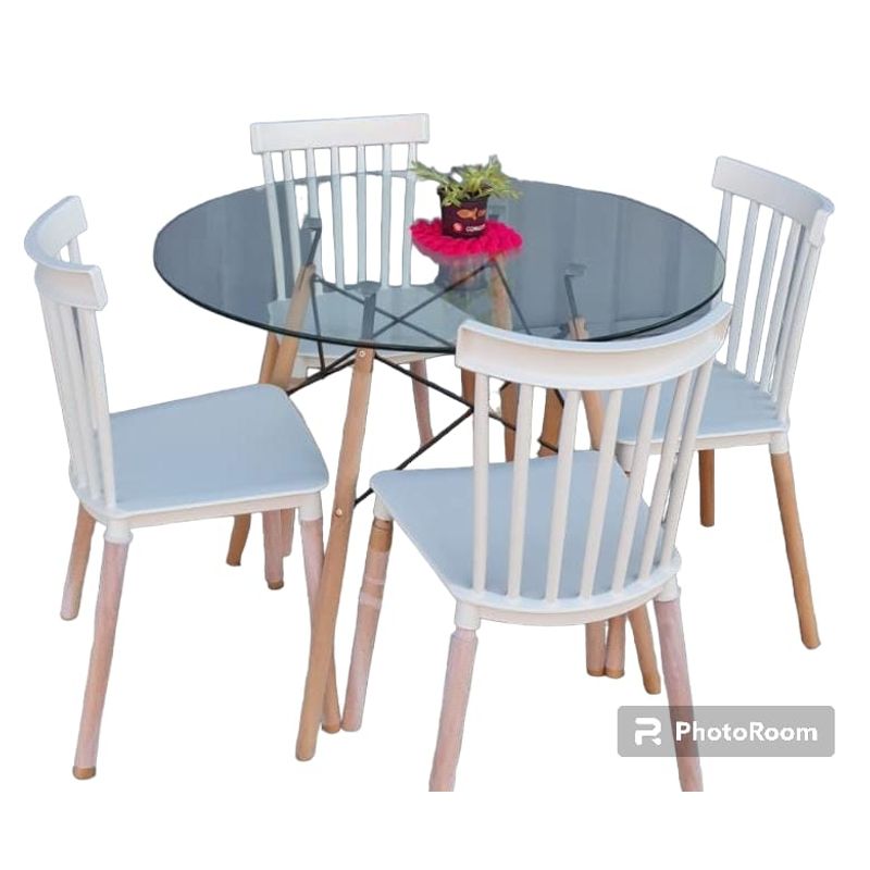 CORI CORI - Comedor Mesa Eames Vidrio 100 cm + 4 Sillas Windsor blancas