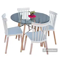 CORI CORI - Comedor Mesa Eames Vidrio 100 cm + 4 Sillas Windsor blancas