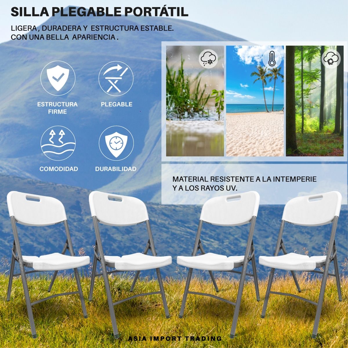 HOME&DESIGN - Pack 4 Sillas Blancas Plegables respaldo Liso