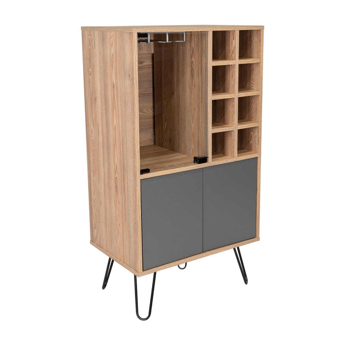 FMFURNITURE - Bar Bajo 8 Botelleros Puerta De Vidrio Fm-001C - Cafe Claro / Plomo