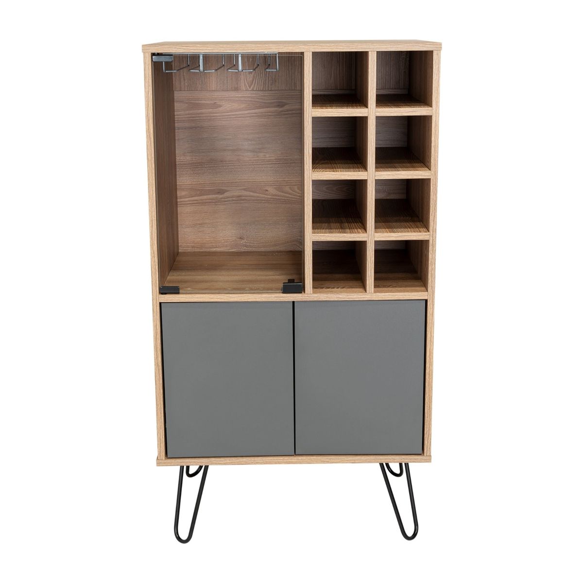 FMFURNITURE - Bar Bajo 8 Botelleros Puerta De Vidrio Fm-001C - Cafe Claro / Plomo