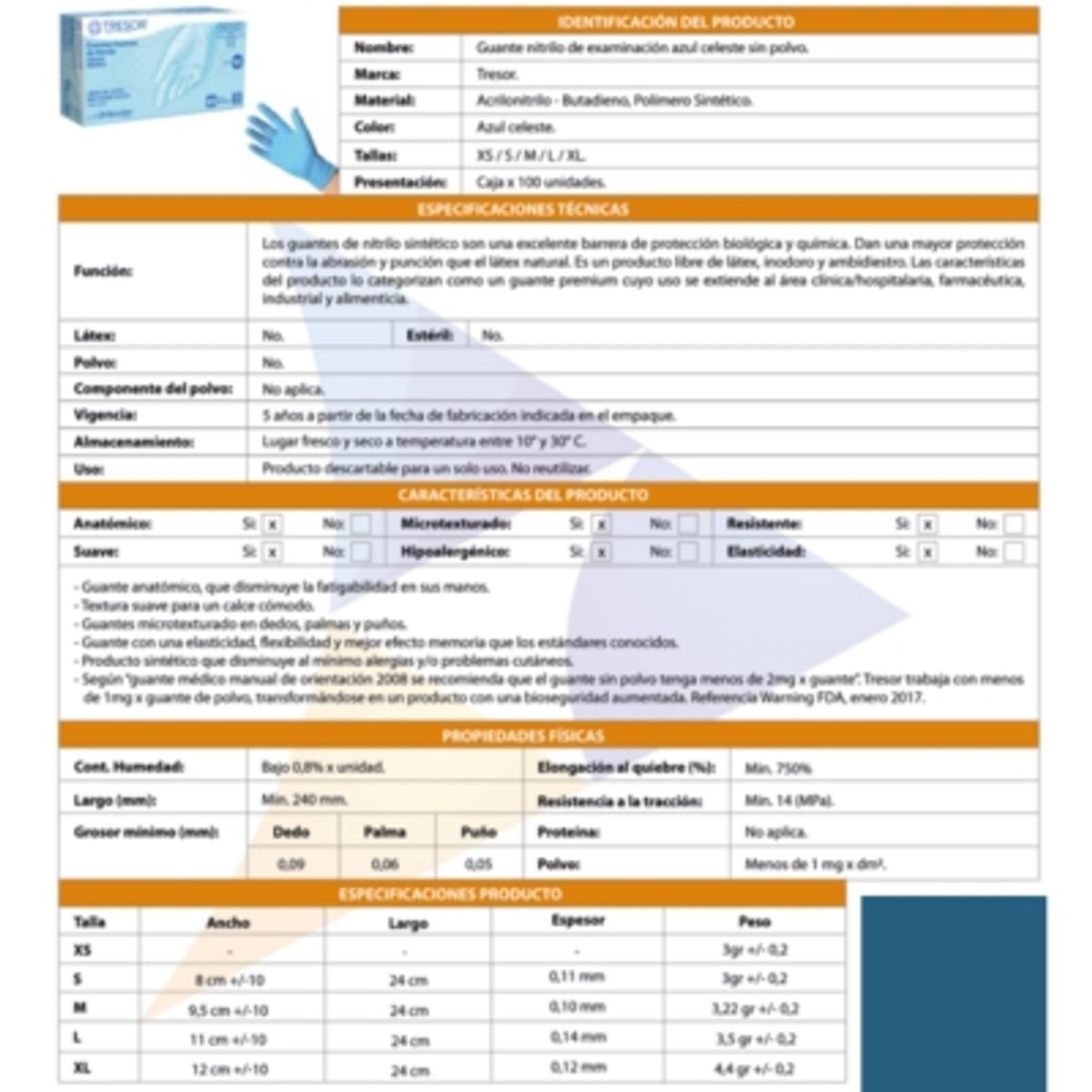 GENERICO - Guantes Descartables Nitrilo Celeste Tresor Talla M X100 Un