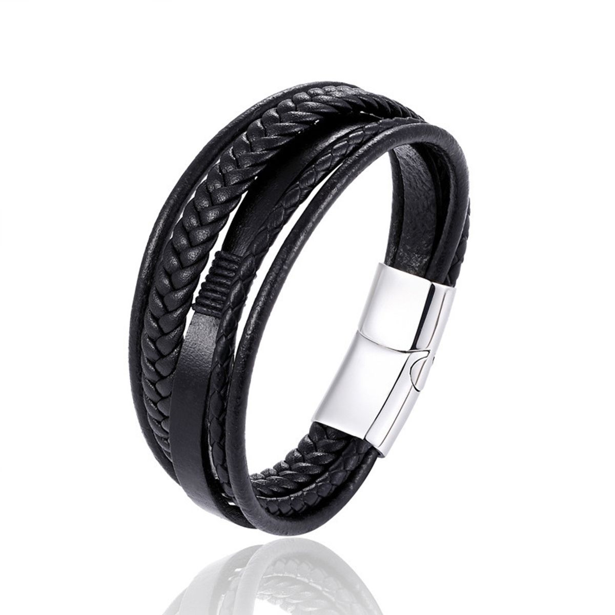 KUANGYE - Pulsera De Cuero Y Acero Inoxidable Elegante Hombre