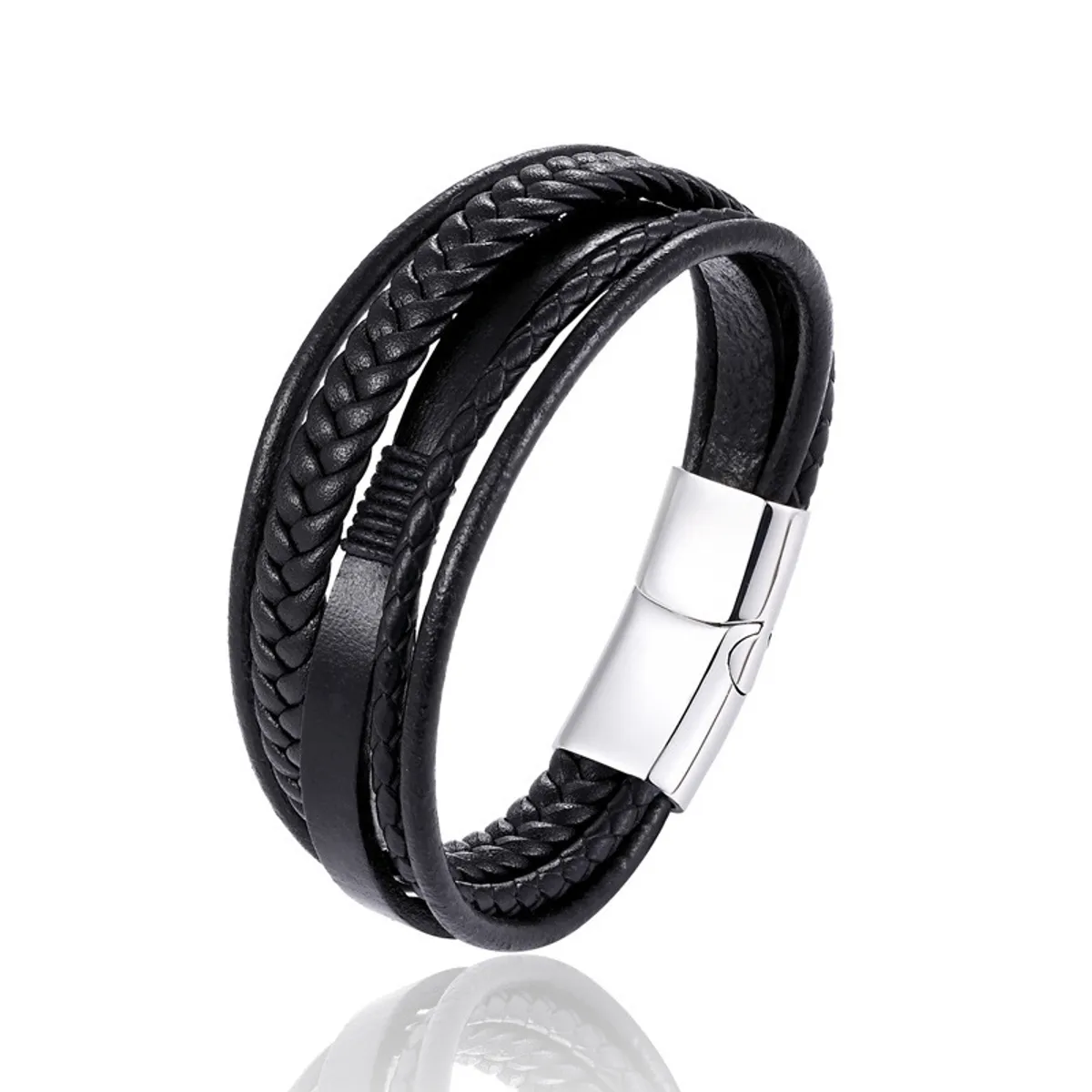 KUANGYE - Pulsera De Cuero Y Acero Inoxidable Elegante Hombre