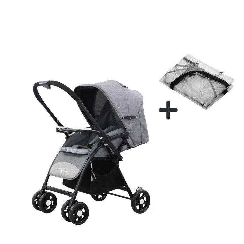 BABYMINE - Coche de paseo - Reversible Pro Gris + Cobertor para lluvia
