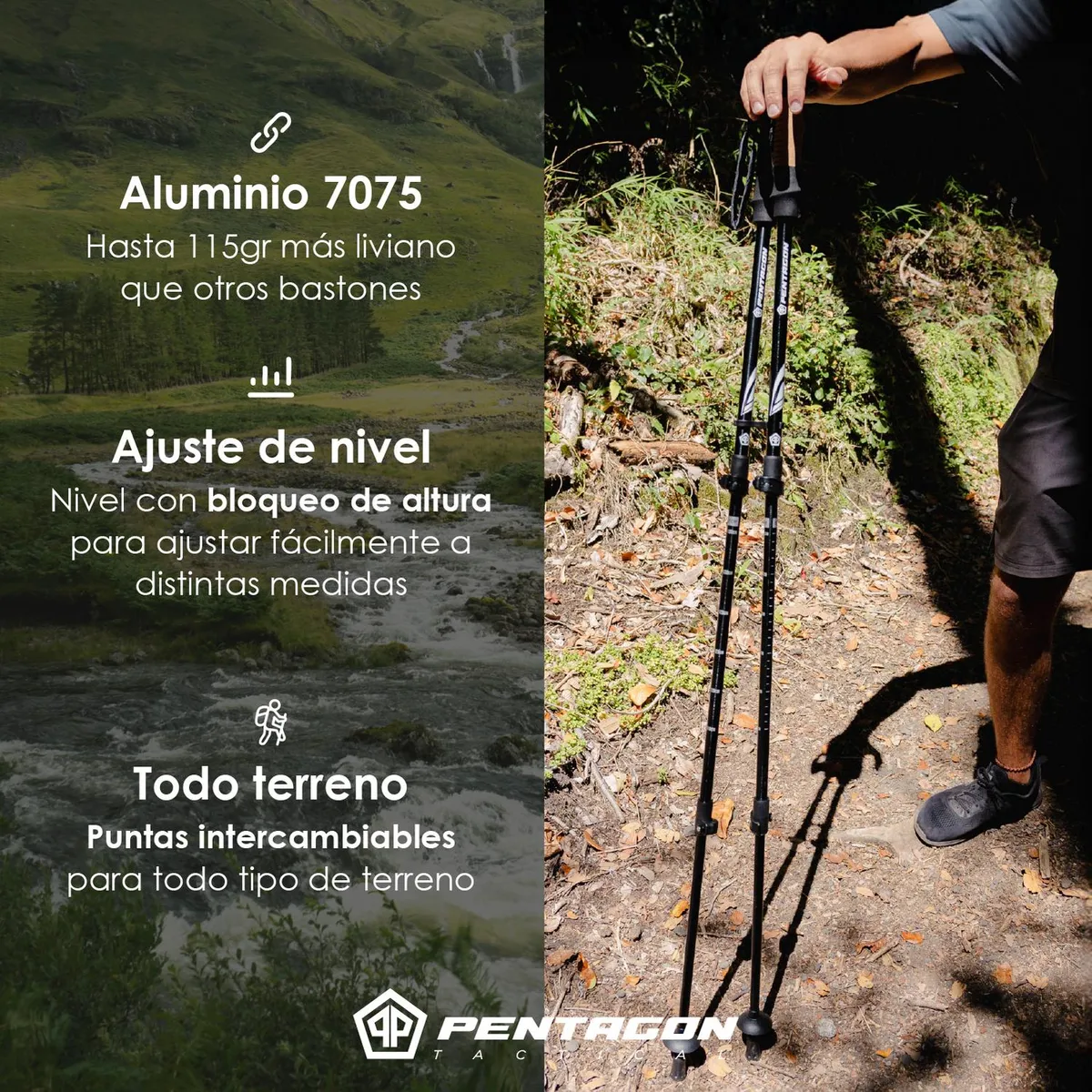 PENTAGON - Bastones Trekking Set 2 Plegables Aluminio Pentagon - Negro