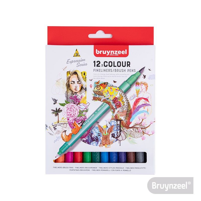 BRUYNZEEL - Marcador Doble Punta Fineliners/Brush Pen 12 Colores