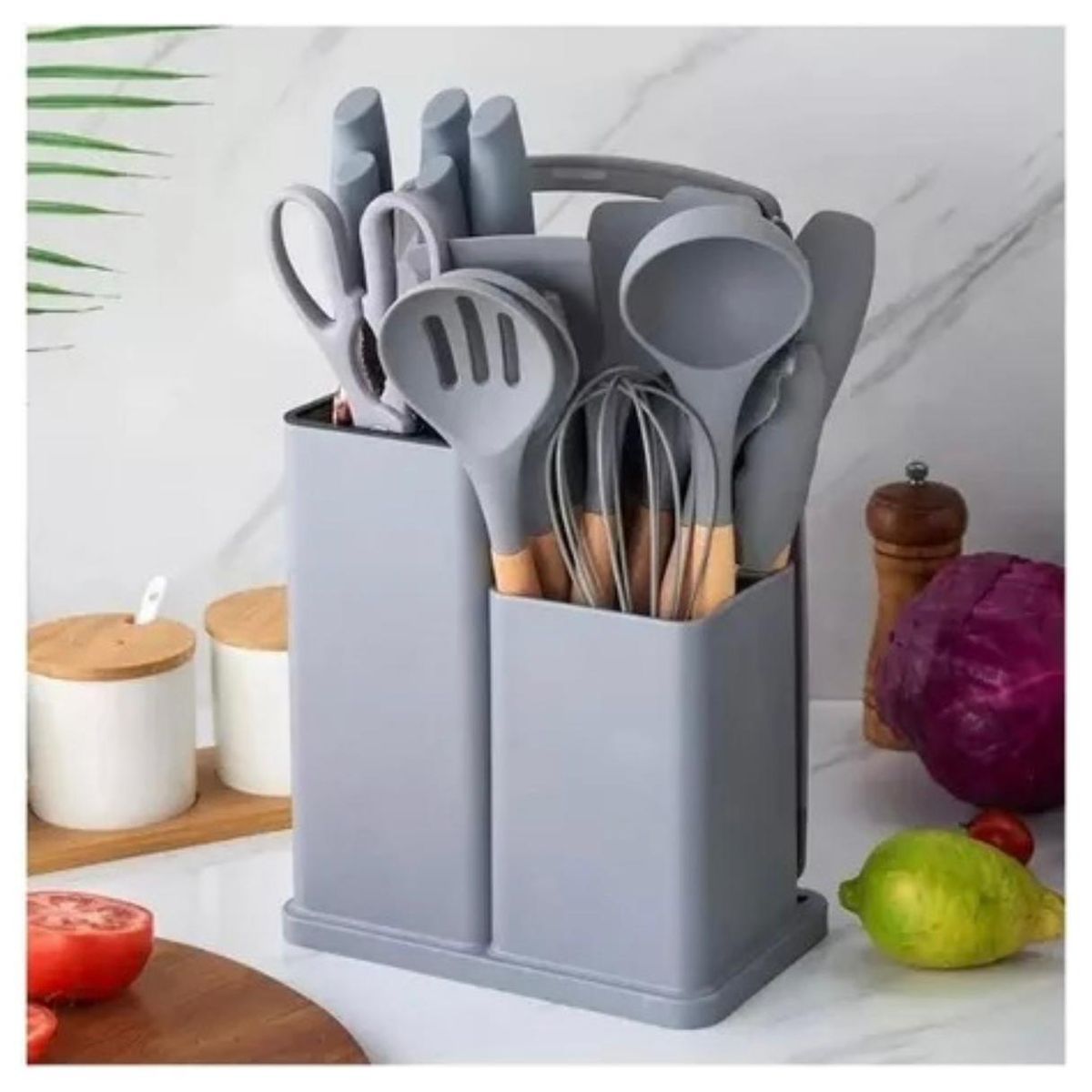 GENERICO - Juego Utensilios Silicona Con Soporte Madera 19 Piezas Cocina