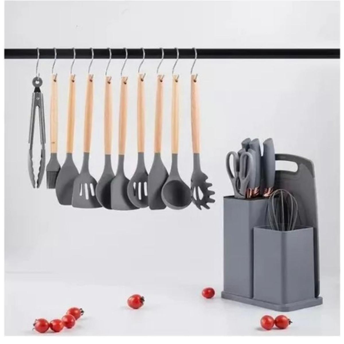 GENERICO - Juego Utensilios Silicona Con Soporte Madera 19 Piezas Cocina