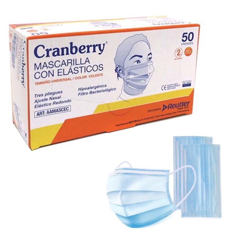 CRANBERRY - Mascarilla 3 Pliegues Con Elásticos Cranberry Caja 50 Un - Celeste