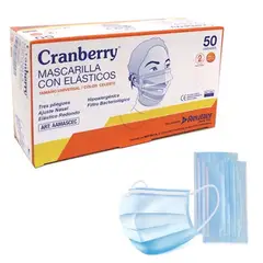 CRANBERRY - Mascarilla 3 Pliegues Con Elásticos Caja 50 Un - Celeste