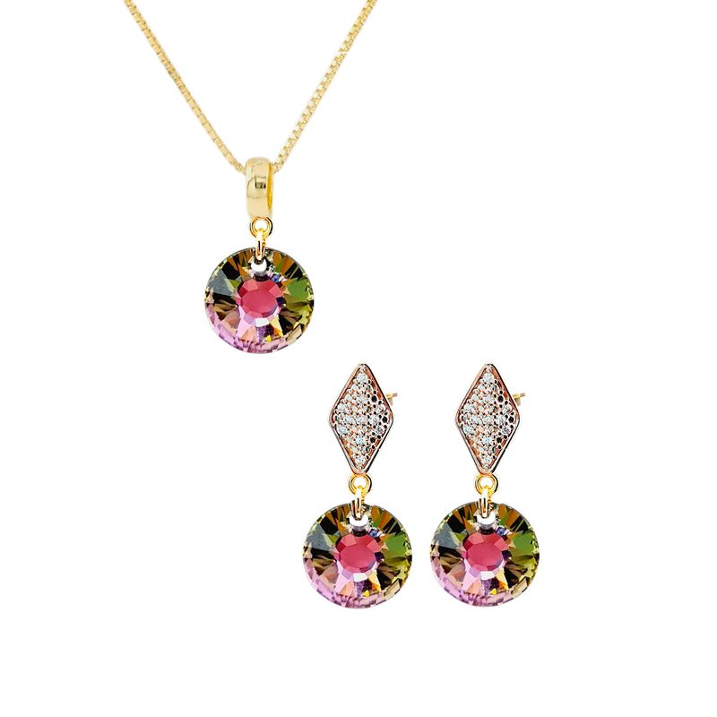 JOYAS MONTERO - Aros + Collar Conjunto Enigma Gold 24K Cristal Genuino Vitral Light