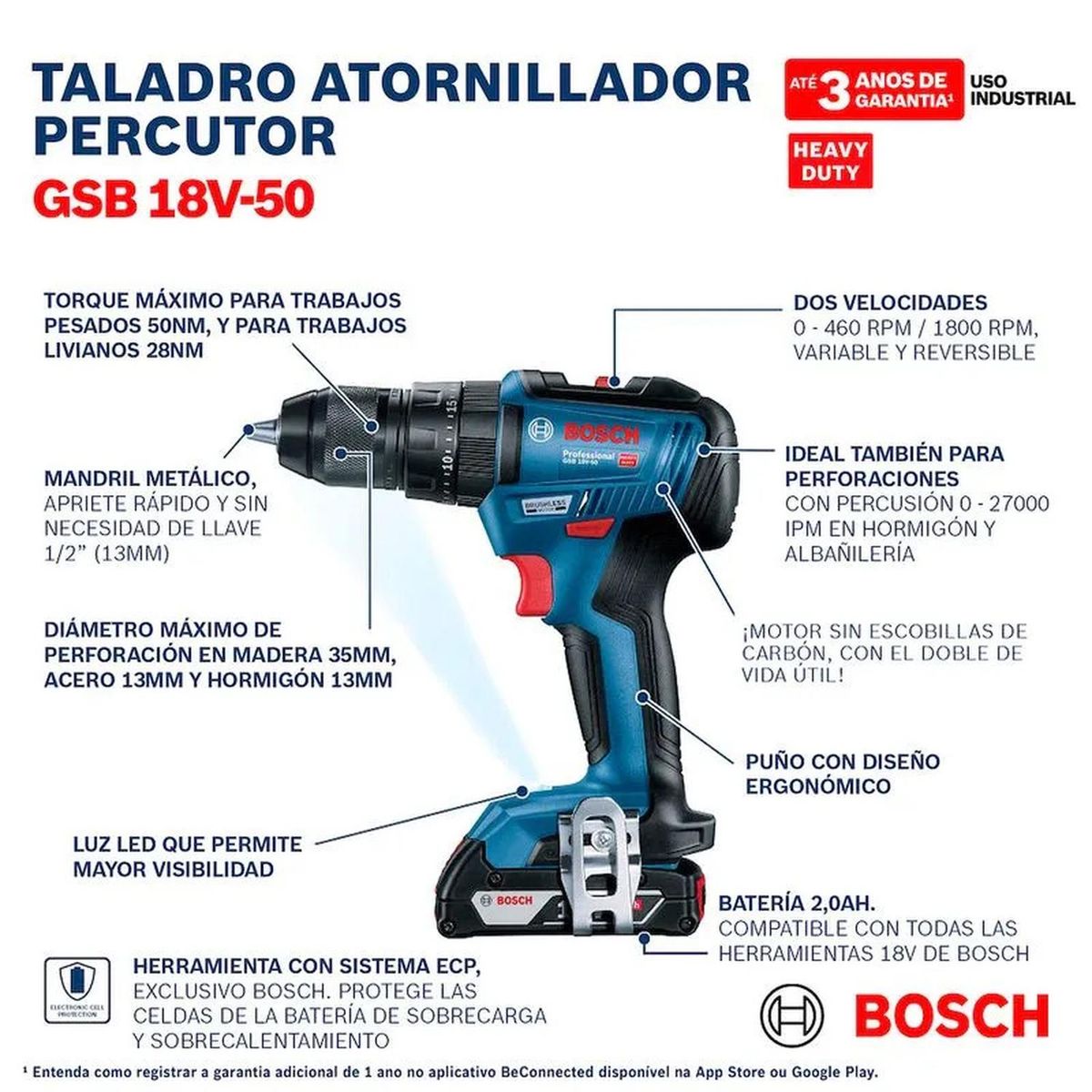 BOSCH - Taladro Percutor Inalámbrico Bosch Gsb 18v-50 - Sin Baterías