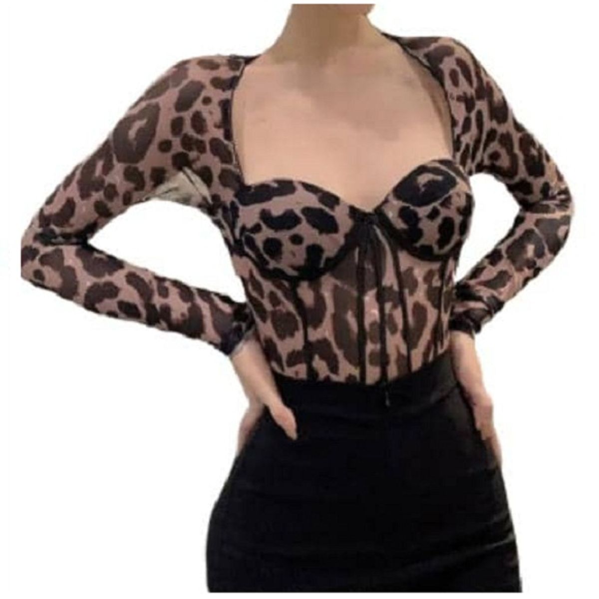 GENERICO - Body Sexy Con Estampado de Leopardo Para Mujer Top De Manga Larga