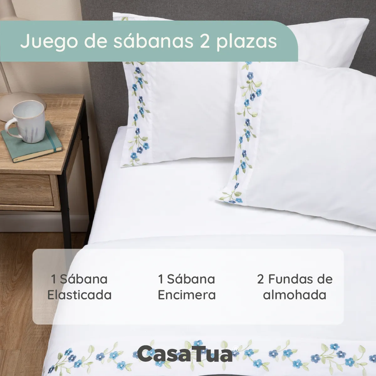 CASATUA - Sabanas Bordadas  CasaTua + Funda Almohada - Azul - 2 Plazas