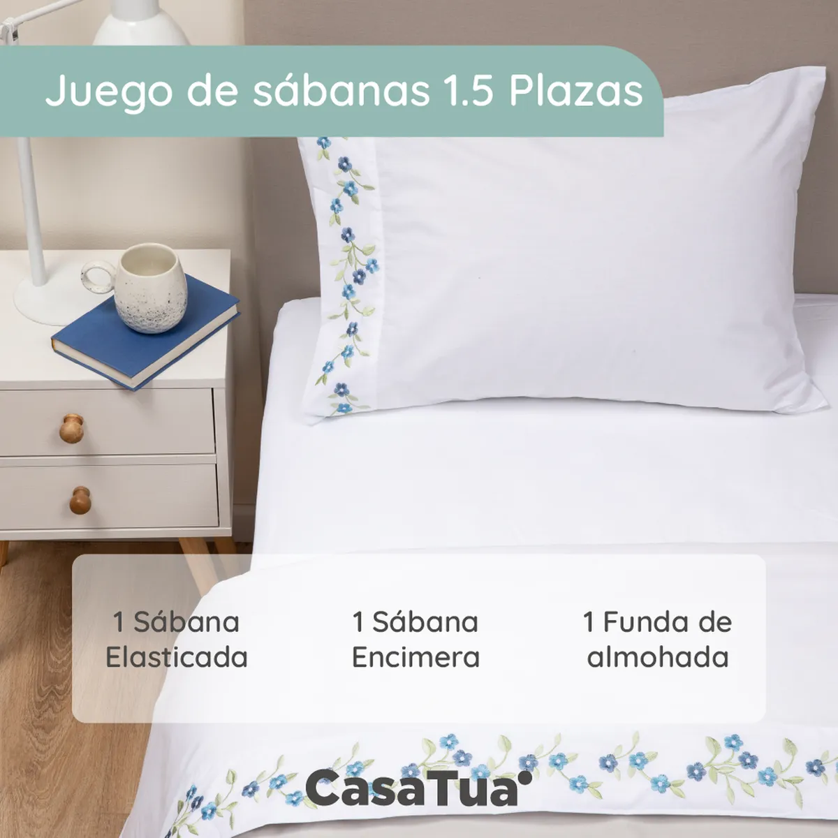 CASATUA - Sabanas Bordadas  CasaTua + Funda Almohada - Azul - 1,5 plazas