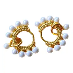 GENERICO - Aros Argolla Con Perlas Blancas Plata S925 Con Baño En Oro