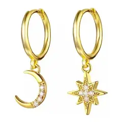 GENERICO - Aros Colgante Luna Estrella Plata Esterlina 925 Baño Oro