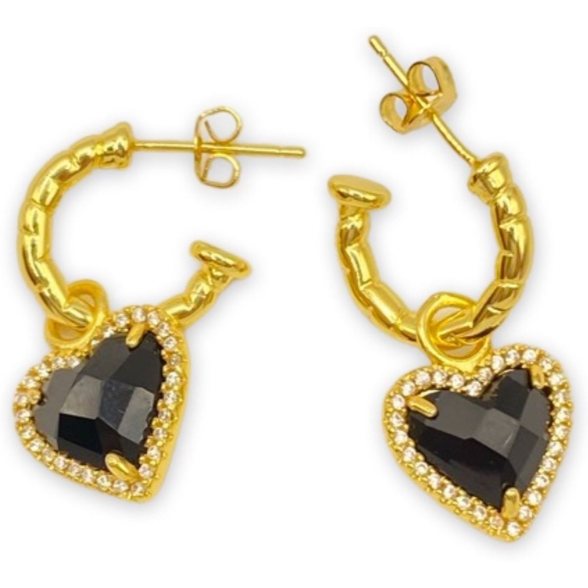 GENERICO - Aros Corazón Cristal Negro Circones Plata S925 Baño Oro Caja