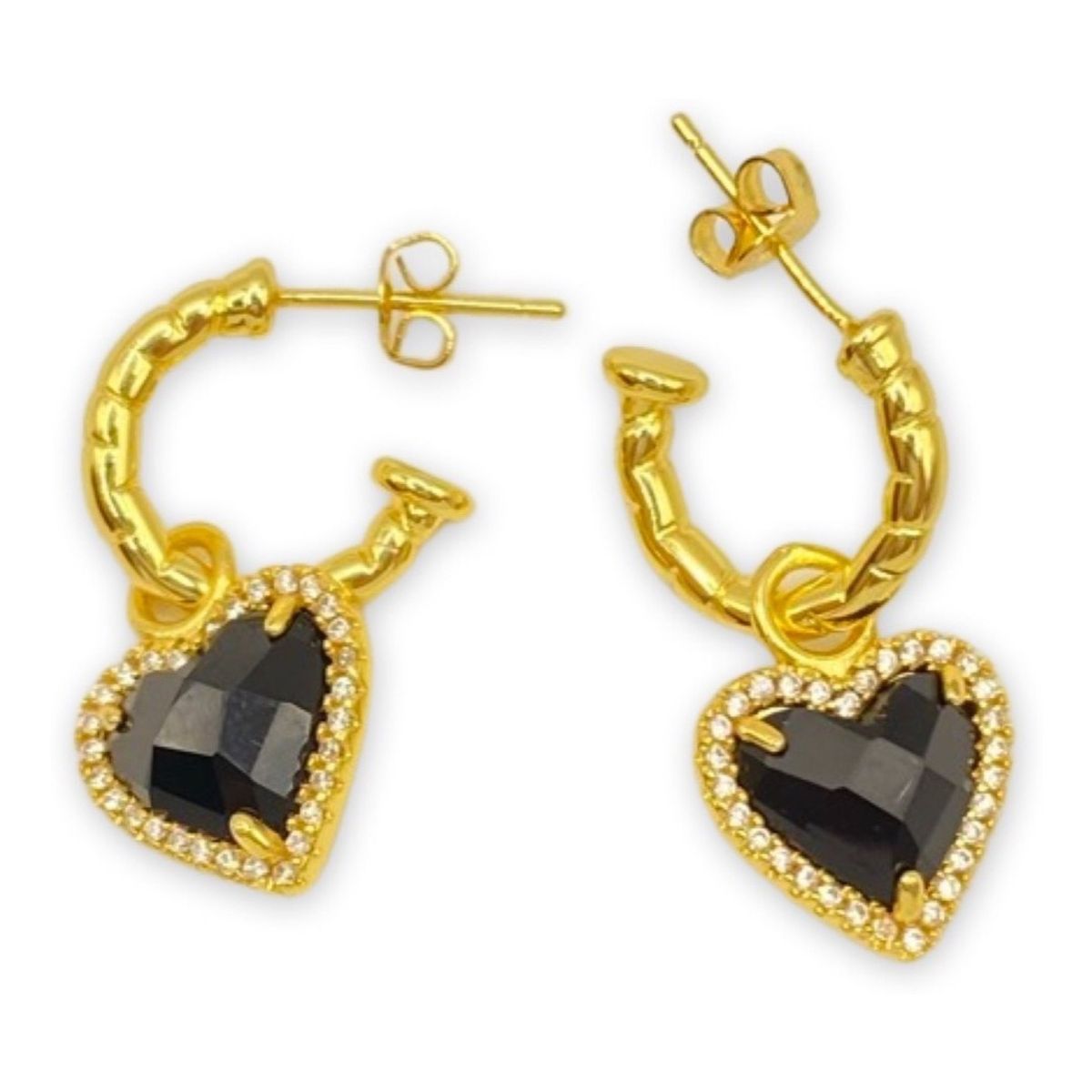 GENERICO - Aros Corazón Cristal Negro Circones Plata S925 Baño Oro Caja