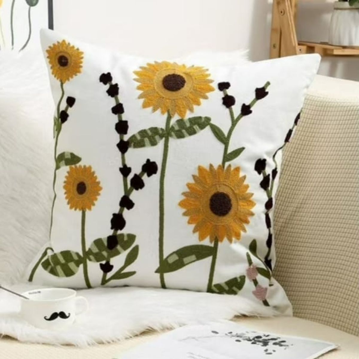 GENERICO - Fundas de cojín girasol bordadas - Pack Dos - Diseño flor