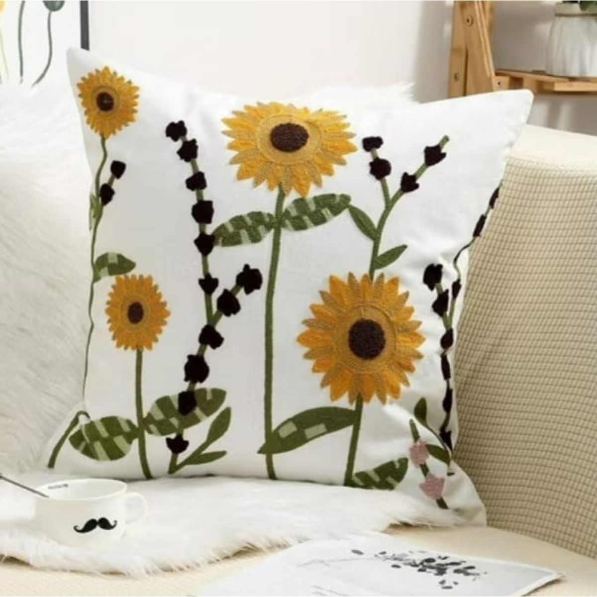 GENERICO - Fundas de cojín girasol bordadas - Pack Dos - Diseño flor