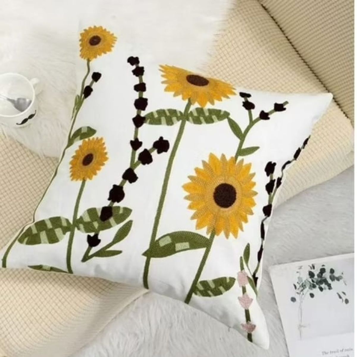 GENERICO - Fundas de cojín girasol bordadas - Pack Dos - Diseño flor