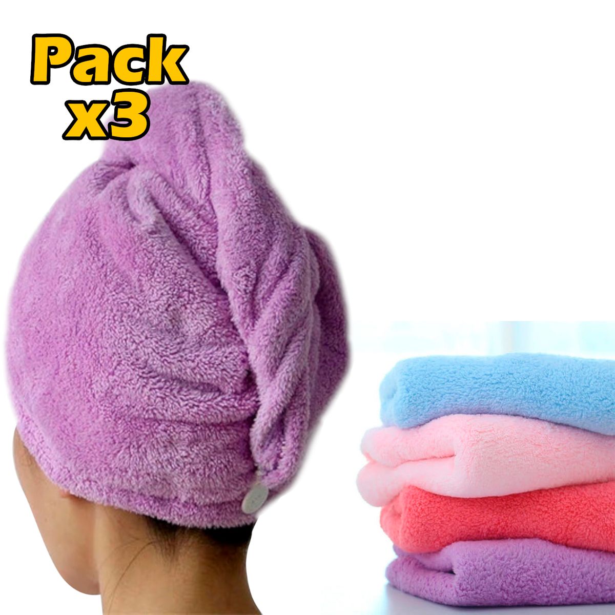 GENERICO - Pack X3 Gorro Toalla Microfibra Ducha Cabello Para Secar Cabello