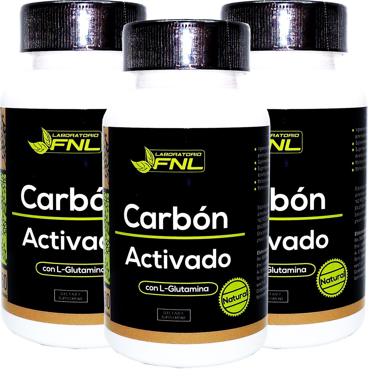 FNL - 3 X Carbon Activado Natural 500mg 180 Caps Desintoxicante.